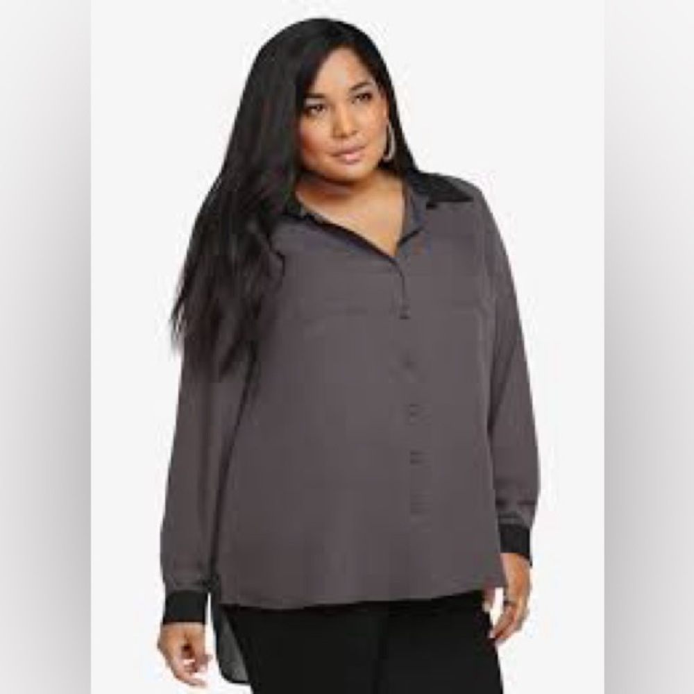Torrid Gray Black Colorblock Sheer Button Down Top